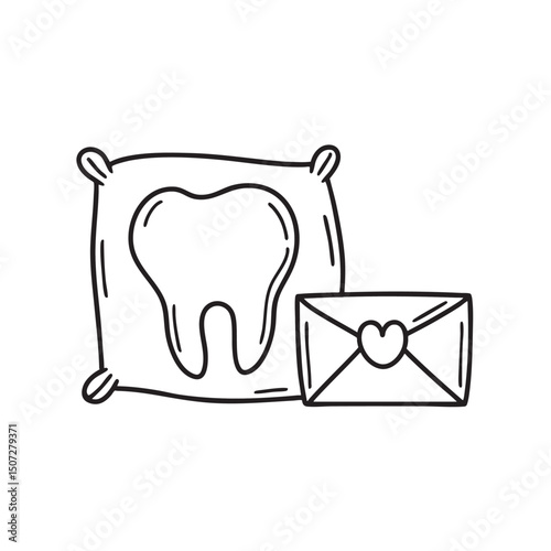 A tooth under a pillow beside a small envelope