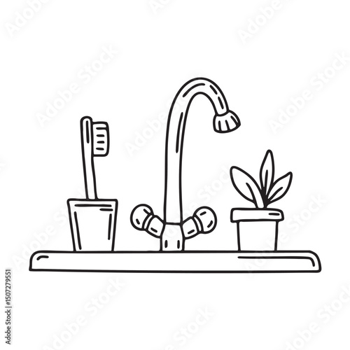 A toothbrush beside a small plant on the sink edge