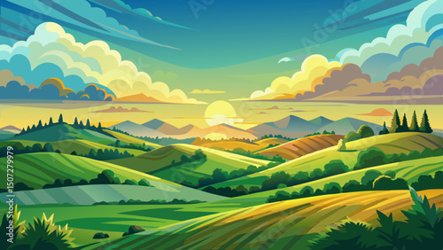 Rolling green hills stretch across the horizon under a sky painted with scattered white clouds. As the sunrise casts golden light, this peaceful vector scene captures nature’s gentle beauty.