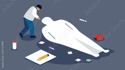 Crime Scene Markers A depiction of the crime scene containing small markers around the area with the body covered by a sheet and an investigator carefully documenting the scene.
