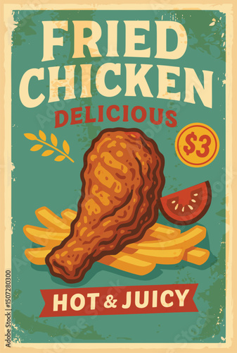 Grilled chicken drumstick retro restaurant sign – vintage food vector illustration for diner menu and barbecue advertising on aged paper background