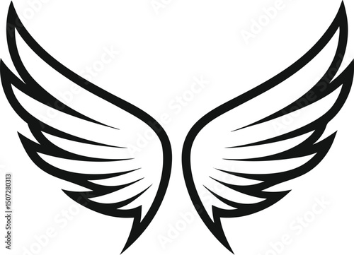 "Detailed white angel wings icon, thin feathers, outline style, spread open, elegant and spiritual, vector design on transparent background."