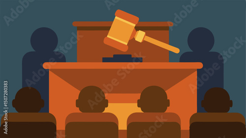 Courtroom Overhead An overhead view of a courtroom with the gavel and sound block on the judges bench and abstract figures of courtroom attendees in the background.