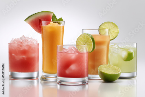 collection of refreshing summer cocktails featuring watermelon mandarin lemon and lime colors