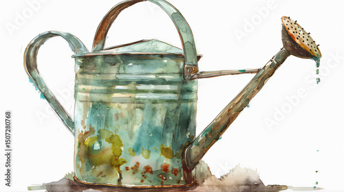 Watering can watercolor hand Painted Illustration in the garden. Watering can clip art. Vintage, old watering can with flowers. Watering can in the garden