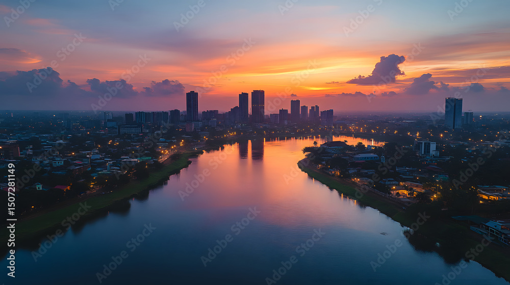 Fototapeta premium Aerial view of Abidjan, Cote d’Ivoire, featuring a modern skyline with skyscrapers, a waterfront lagoon, and a vibrant sunset reflecting on the cityscape
