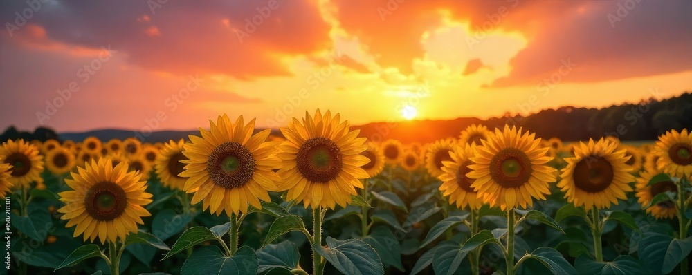 Obraz premium A vibrant sunrise paints the sky as a field of sunflowers basks in the golden light, their faces turned towards the new day A breathtaking display of nature's beauty , majestic, rural, flowers