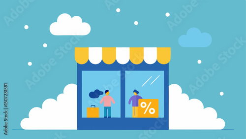 Discounts by the Window Shoppers peer eagerly through a storefront window while fluffy clouds shower down whimsical discount symbols creating an inviting scene.