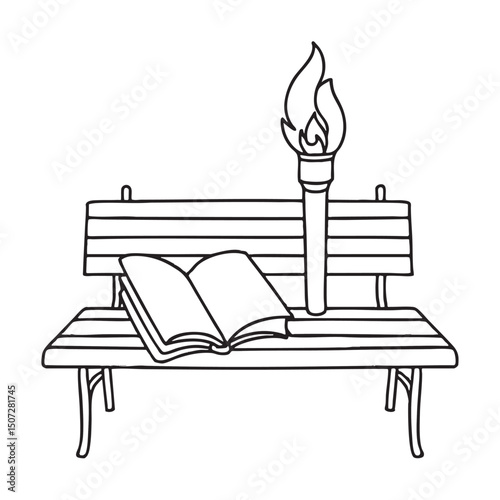 A torch beside a notebook on a wooden bench