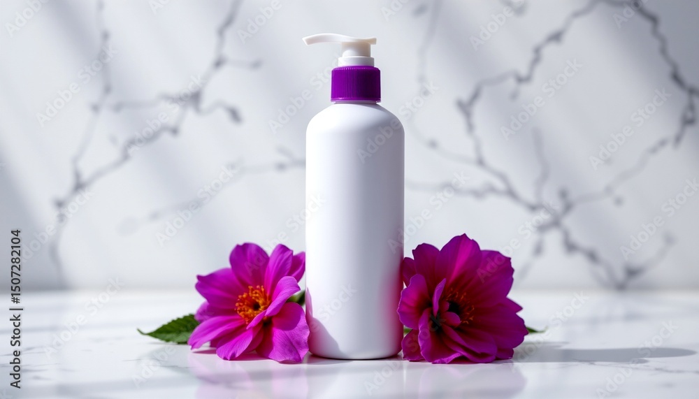 a close up of a bottle of hand soap placed on a marble countertop with a white backdrop. a few pink flowers are scattered around it, adding a touch of color to the scene. a close up of a bottle of hand soap placed on a marble countertop with a white backdrop. a few pink flowers are scattered around it, adding a touch of color to the scene.