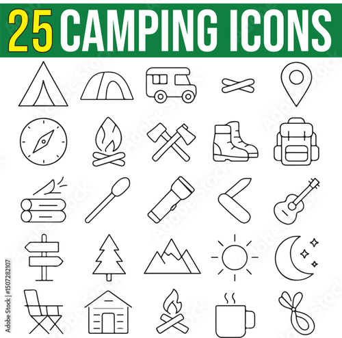 Camping Vector Icons With Editable Stroke, Pixel Perfect. This Set of Icons includes: Tent, Travel Bus, Flash Light, Hiking Boot, Motor Home, Campfire, Picnic, Adventure and Outdoor, Climbing, Fishing