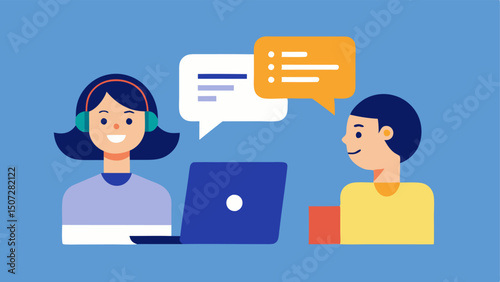 Customer Support for Coupons A splitscreen illustration showing a shopper reaching out through a chat bubble on the left while on the right a customer support agent assists with