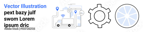 Gear, truck, map pins, and lines conveying logistics, connectivity, and process improvement. Ideal for logistics, supply chain, delivery innovation data connectivity simple landing page
