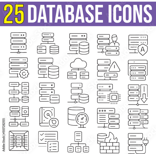Database and Analytics Icons Set, Relational Database Symbol, Editable Stroke, and pixel-perfect. This Set includes: Statistic, Server, Monitoring, Access, System, Backup, and Network icons.