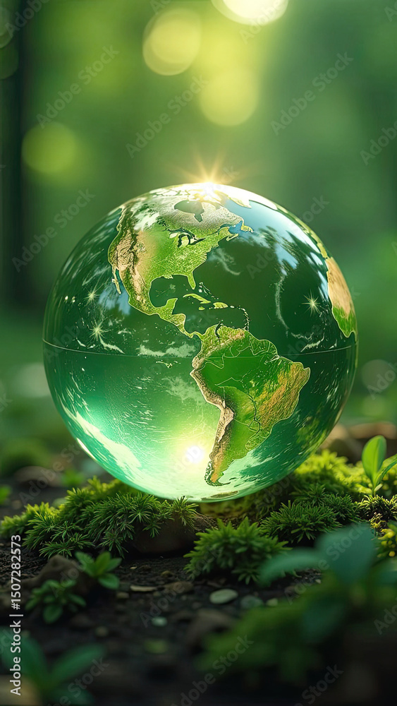 Glass glowing sphere of planet Earth in forest is a ball with an internal microclimate, a clean environment, protecting the ecology of the planet. Glass glowing sphere of planet Earth in forest is a ball with an internal microclimate, a clean environment, protecting the ecology of the planet.
