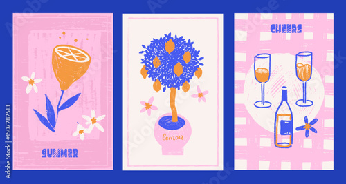 Italian summer vacation doodle style cards or covers set. Pencil or chalk hand drawn Italy lemons and wine print elements. Sea weekend or rest collection for invitations to beach party, picnic. Vector