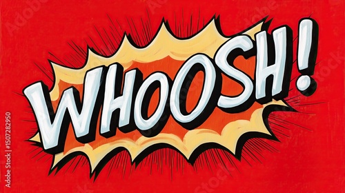 Comic book style 'WHOOSH!' text graphic evocative of speed motion set against vivid red background