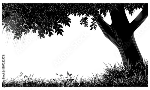Dewy Park Forest Scene, chestnut tree silhouettes, engraved leaf vector, urban woodland clipart, peaceful nature art, vector illustration, serene greenery, forest landscape vector art