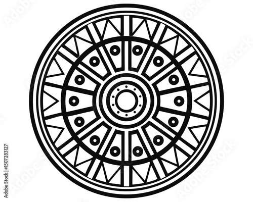 Geometric Circular Motif: Aztec-Inspired Design with Triangles and Circles, Black and White, Vector Art                                   