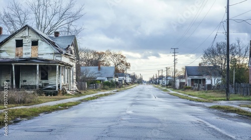 A run-down neighborhood with dilapidated houses, reflecting the struggles of impoverished communities