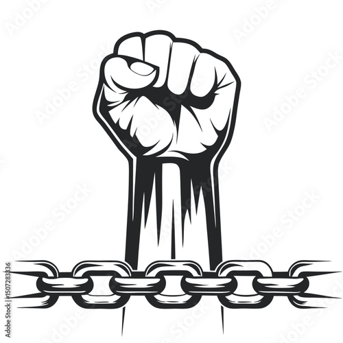 Raised Fist Breaking Chains: Bold Symbol of Liberation and Freedom in Striking Black and White Illustration - Vector Artwork                          