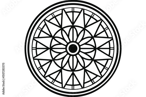 Black and White Geometric Mandala Design, Floral and Triangular Elements, Isolated on White Background.                                               