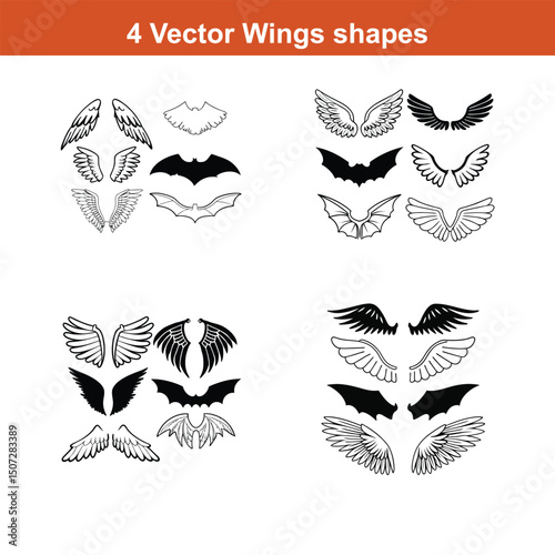 Various artistic wing illustrations, bird, angel, bat, eagle, and minimalist wing icons for branding, tattoos, emblems, or fantasy design projects