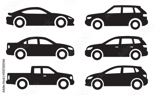 Black side view car icon set showing various sedan and SUV silhouettes. Great for digital design, infographics, vehicle tracking UI, or printable automotive layout components.