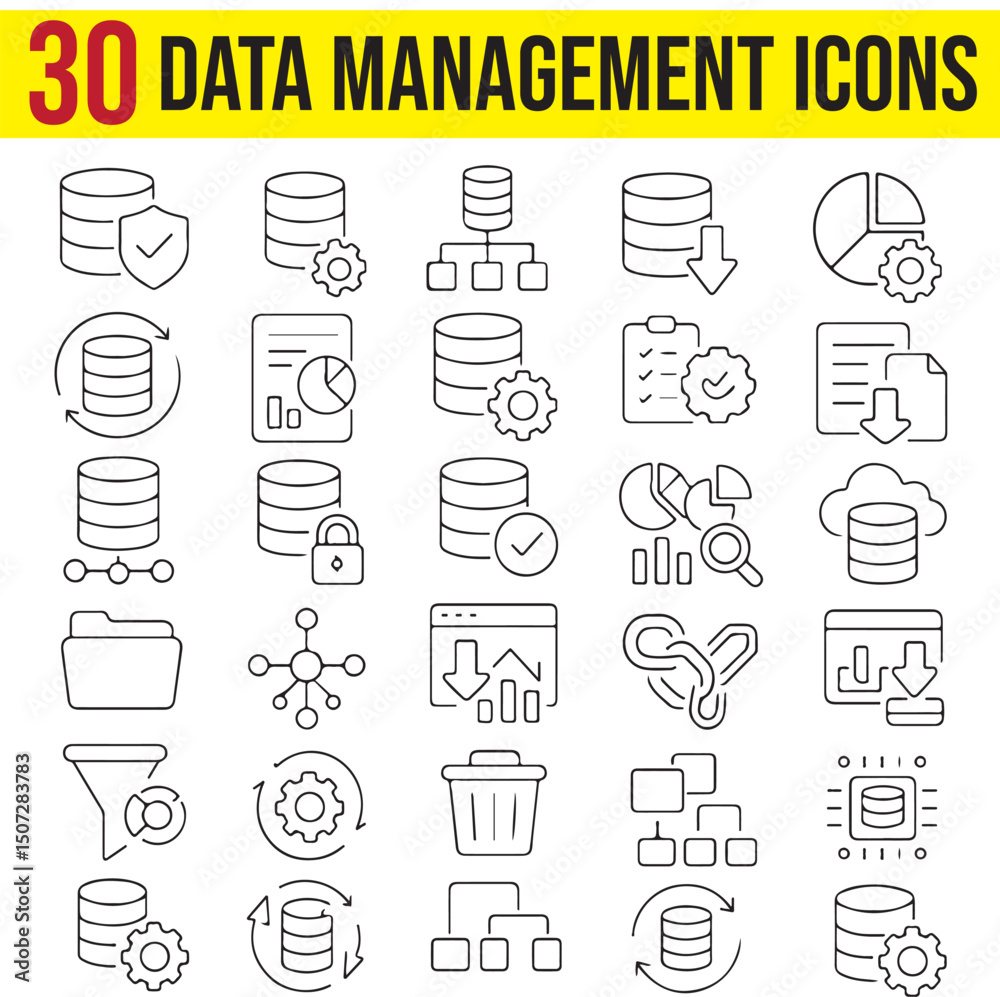 Fototapeta premium Data Management Icons Set with editable stroke, 30 icons, pixel perfect, computer programmer, server, analytics, database, UI and UX vector icons, statistic, monitoring, network, data filtration