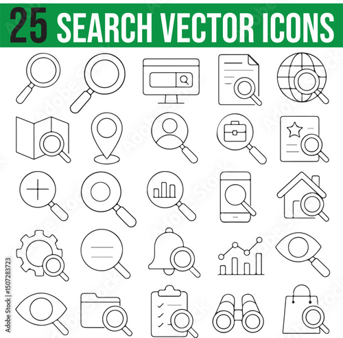 Search Vector Icons Set, Line Series with editable stroke, Pixel perfect icons, Isolated Vector Icons, Magnifying Glass Flat Vector icons for Website and mobile apps.