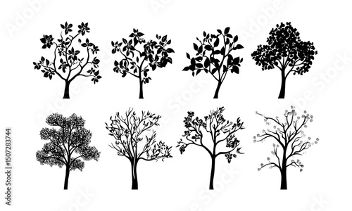 Urban Park Design Collection Dogwood Tree, forest silhouette, tree clipart, wild tree, seasonal nature, black tree, vector illustration, natural scenery, spring flora, tree line.