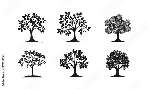 Spring Dogwood Tree Urban Park Design Collection, forest silhouette, wild tree, black tree, seasonal nature, tree clipart, vector illustration, woodland scene, natural environment.
