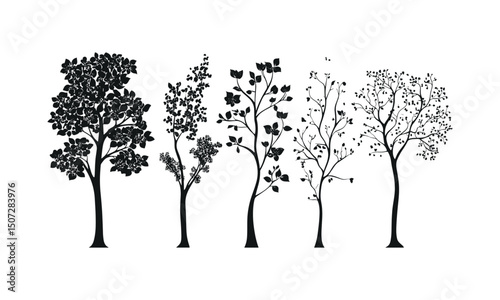 Dogwood Tree Spring Urban Park Design Collection, forest silhouette, wild tree, seasonal nature, black tree, vector illustration, nature landscape, botanical art, outdoor greenery.