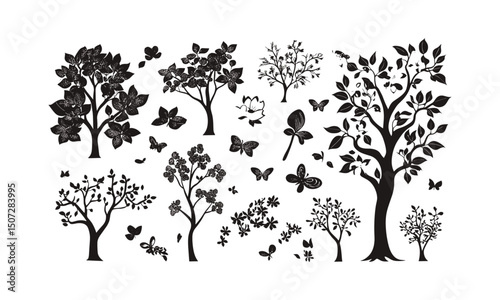 Dogwood Tree Springtime Urban Park Elements, forest silhouette, black tree, nature clipart, wild tree, tree vector, vector illustration, outdoor landscape, seasonal foliage, greenery scene.