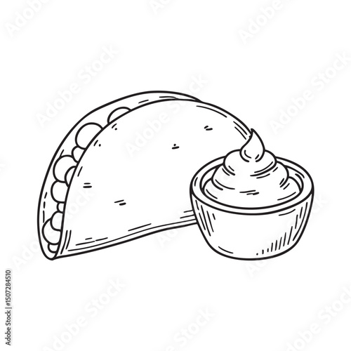 A tortilla beside a small sour cream bowl