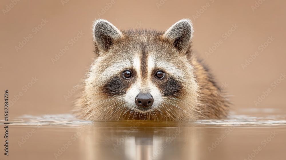 Obraz premium A close-up of a curious raccoon emerging from water, displaying its unique facial markings and inquisitive nature. The warm background complements this charming wildlife scene.