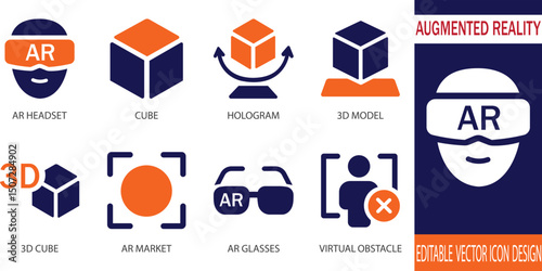 A modern flat vector icon set focused on augmented reality technology. Includes AR headsets, holograms, virtual screens, AR markers, 3D models, digital interfaces, and gesture controls.