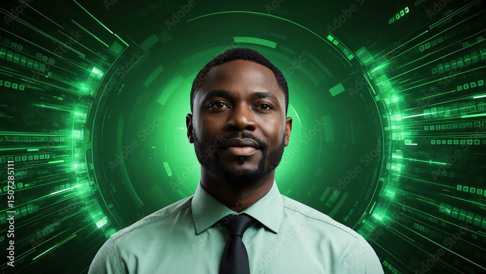 African man centered on green themed cyber space security data background, looking proudly African man centered on green themed cyber space security data background, looking proudly