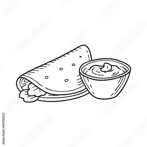 A tortilla lying beside a bowl of salsa on the table