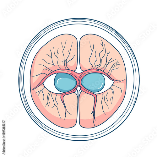 Detailed Eye Anatomy Illustration with Veins Blue Iris in Circular Frame Medical Scientific Diagram on White Background