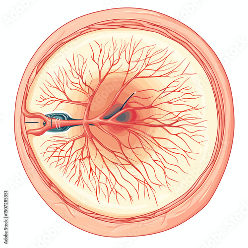 Detailed Eye Anatomy Illustration Showing Retina Structure and Vascular System with Medical Significance