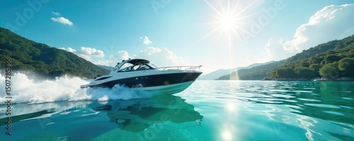 A vibrant summer scene featuring a sleek speedboat gliding across a crystal-clear lake under a bright sunny sky Perfect for travel, adventure, and summer vacation themes , cool, lake, vacation