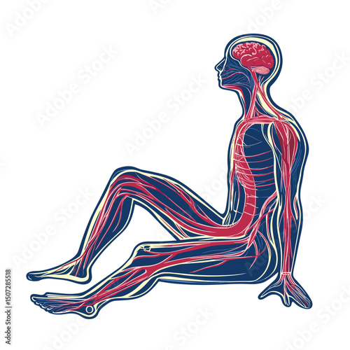 Detailed Human Anatomy Blueprint with Red and Blue Veins Arteries on White Background