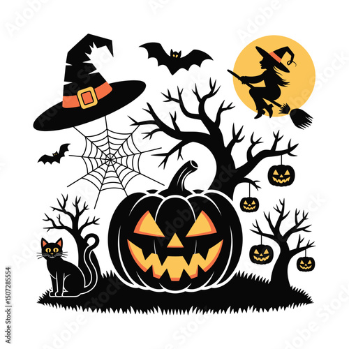 Halloween tree black silhouette .white background 
