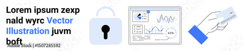 Lock icon signifies security analytics dashboard represents data management and insights hand holding credit card highlights transactions. Ideal for finance, security, technology, analytics