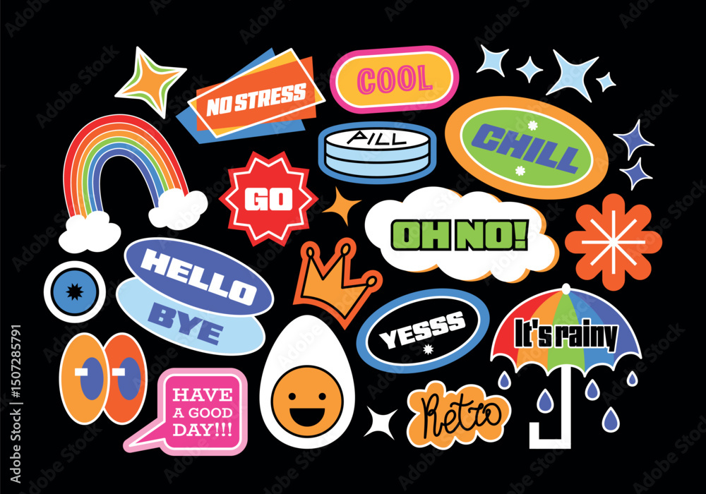 custom made wallpaper toronto digitalFunny futuristic y2k patches, labels, tags, short phrases in retro style. Cartoon stickers in funky hipster groovy grunge 90s style. Doodle phrases in flat style. Cute vector set, trendy promo labels.