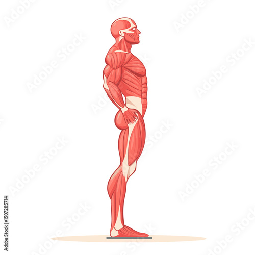 Detailed Human Muscle Anatomy Illustration of a Male Figure on a White Background Displaying Muscular Structure Fitness and Health