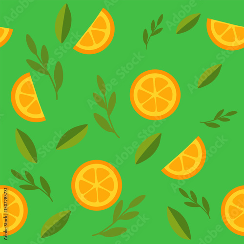 Seamless vibrant fruit pattern featuring oranges and leaves on a vivid green background.