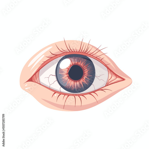 Detailed Illustration of a Human Eye with Red Veins on White Background Emphasizing Anatomy and Potential Health Issues