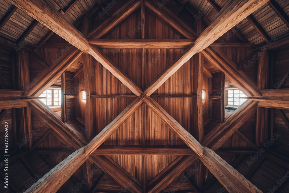 Naklejka premium aerial view of wooden cathedral ceiling with skylight
